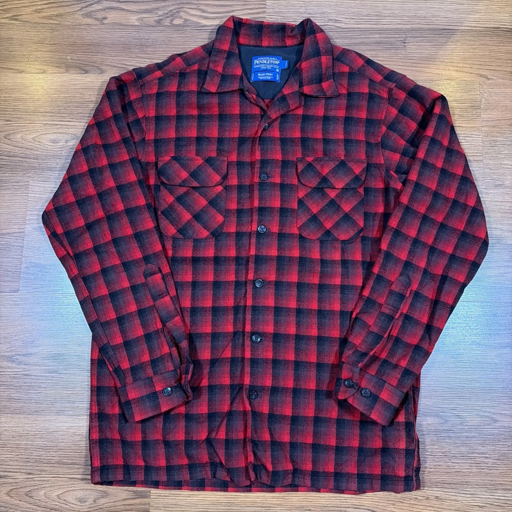 Pendleton Board Shirt Mens M Tall Red Black Shadow Plaid Wool Camp Loop Collar